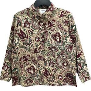 Vintage BonWorth Blouse Womens PM Tan Maroon Paisley‎ Shirt Boho Retro Old Money